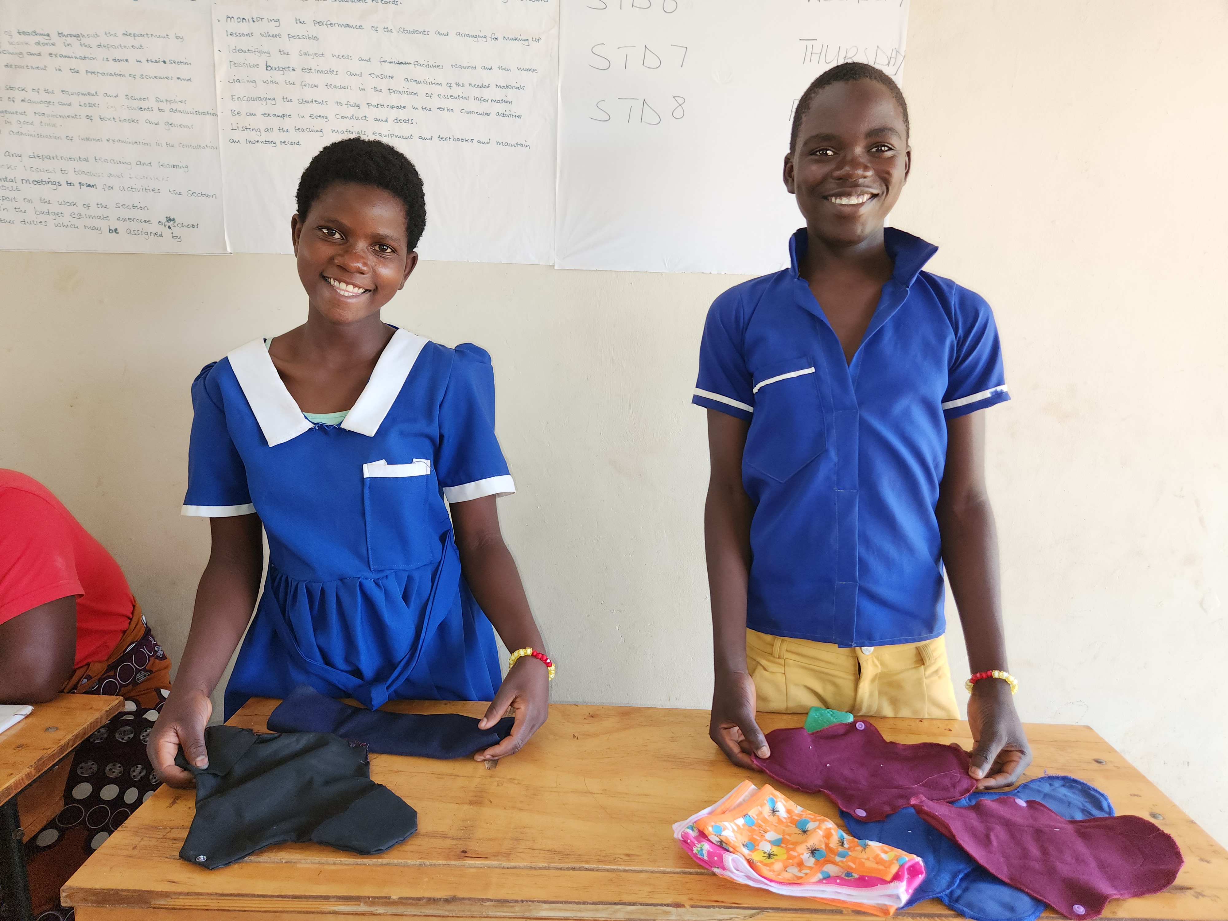 Menstrual health champions at Mpondamwala primary school in Lilongwe, who demonstrated how they make re-usable sanitary pads using locally made materials. Malawi, 2024.