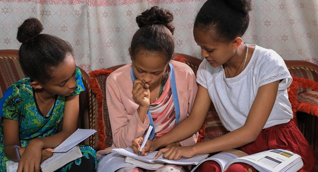 Sehinemariam and FenoteLoza are attending classes at home on AfriHealth TV Channel, one of the platforms used to broadcast lessons while schools are closed